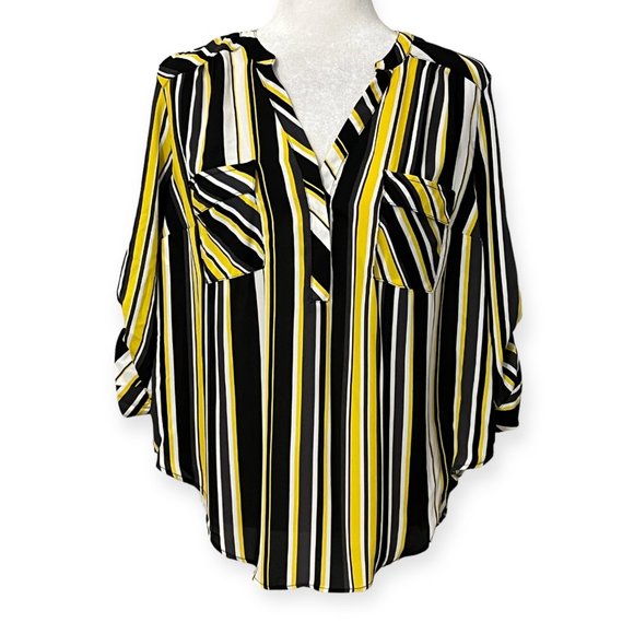 Torrid Tops - Torrid Women's Top Yellow Black Stripes 3/4 Sleeve Size M/L Blouse Half Button